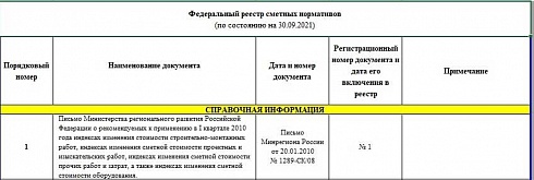 Федеральный реестр сметных нормативов на 30.09.2021 г.