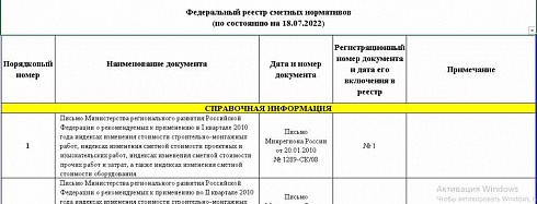 Федеральный реестр сметных нормативов на 18.07.2022 г.