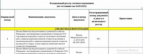 Федеральный реестр сметных нормативов на 16.05.2022 г.