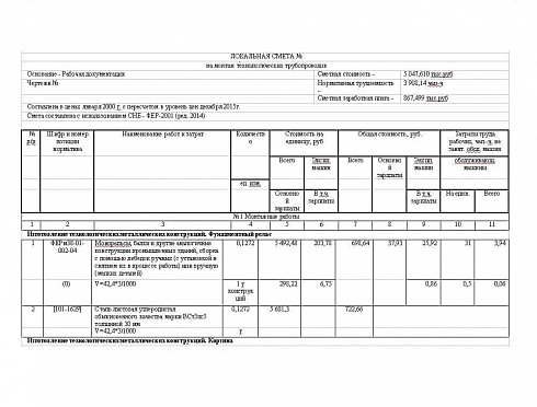 Смета на работы по монтажу технологических трубопроводов насосной станции (раздел ТХ) в рамках ремонта системы водоочистных сооружений