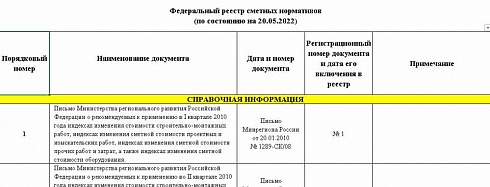 Федеральный реестр сметных нормативов на 20.05.2022 г.